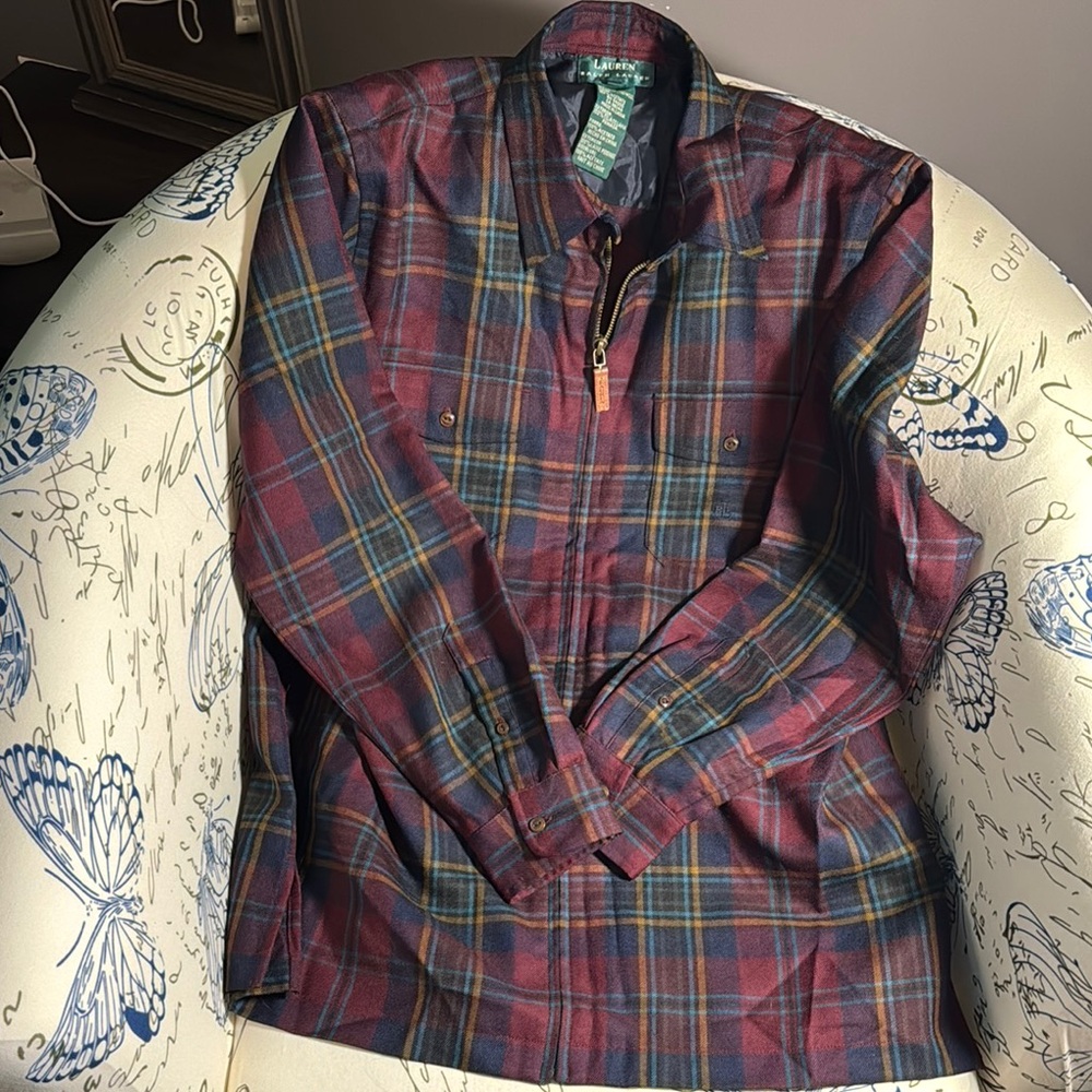 Women’s Ralph Lauren Maroon Plaid Shirt Jacket in Worsted Wool SZ L